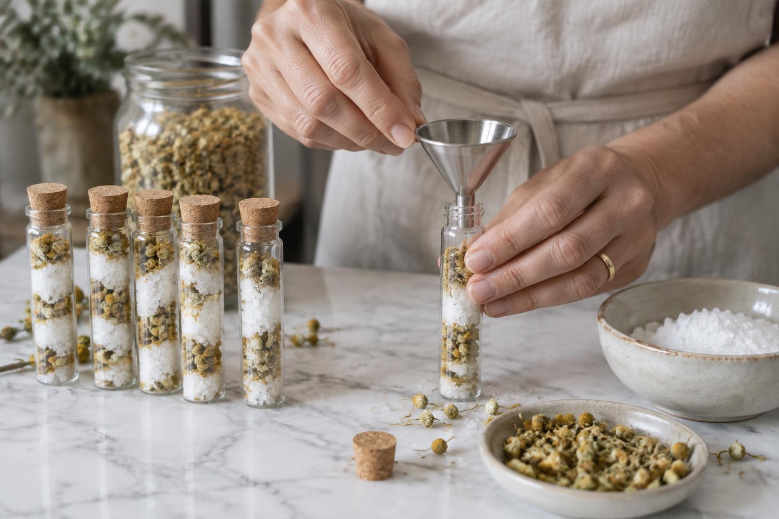 Hands using a funnel to layer salt and chamomile into glass vials