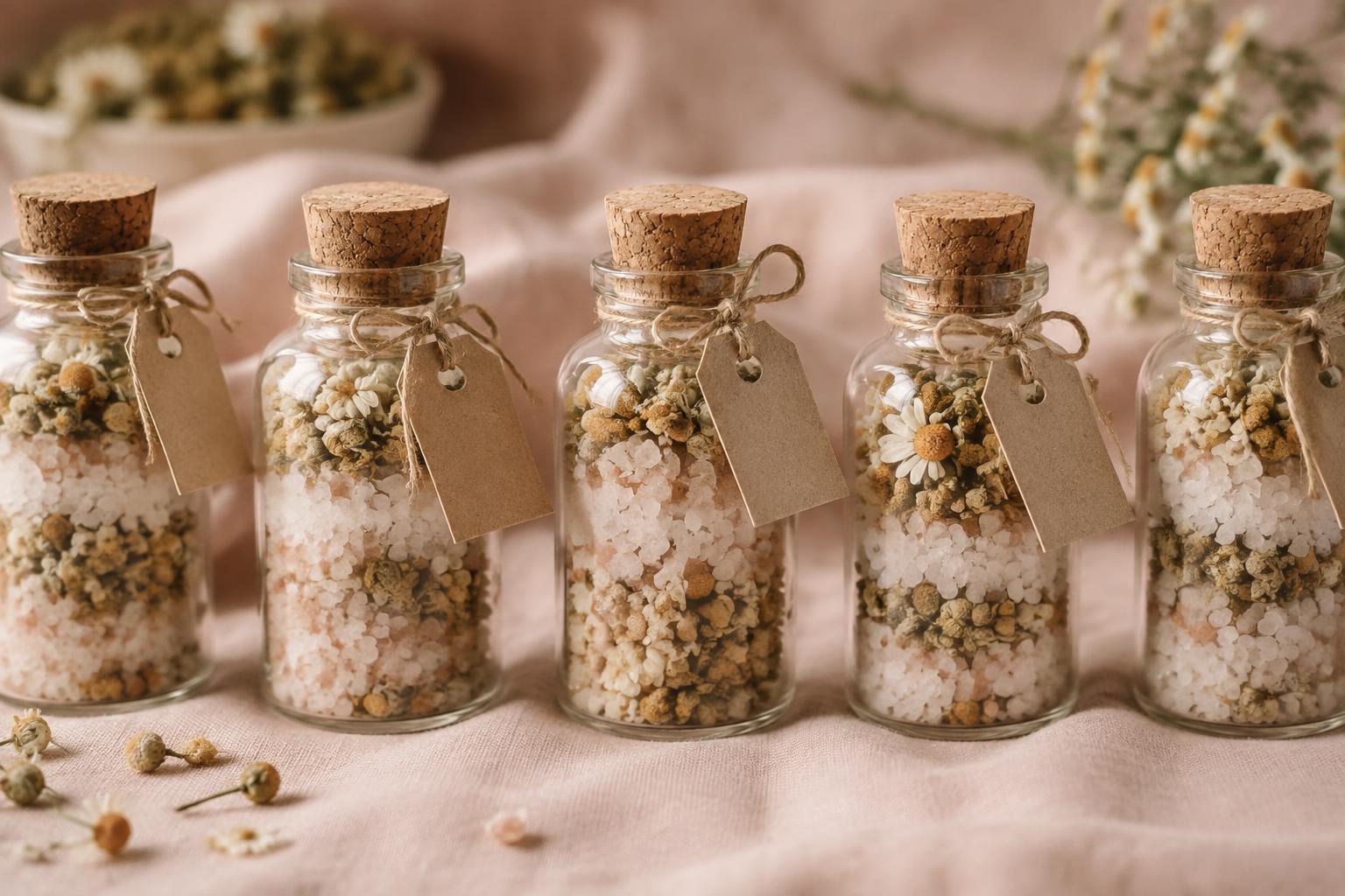 Row of finished corked bath salt vials tied with linen twine