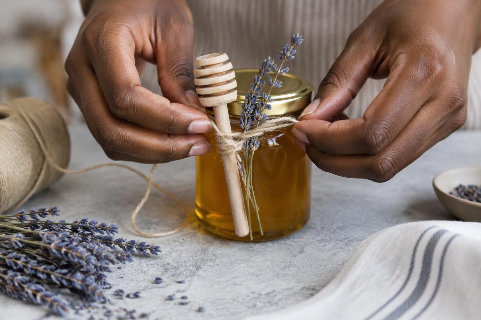 Hands wrapping linen twine around a small jar and wooden honey dipper