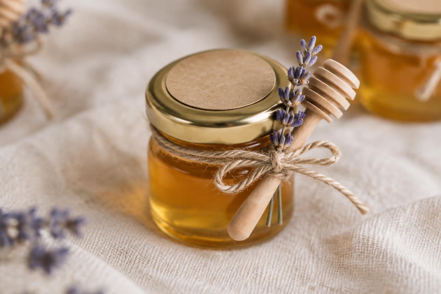 Finished honey jar bundled with a wooden dipper and lavender sprig