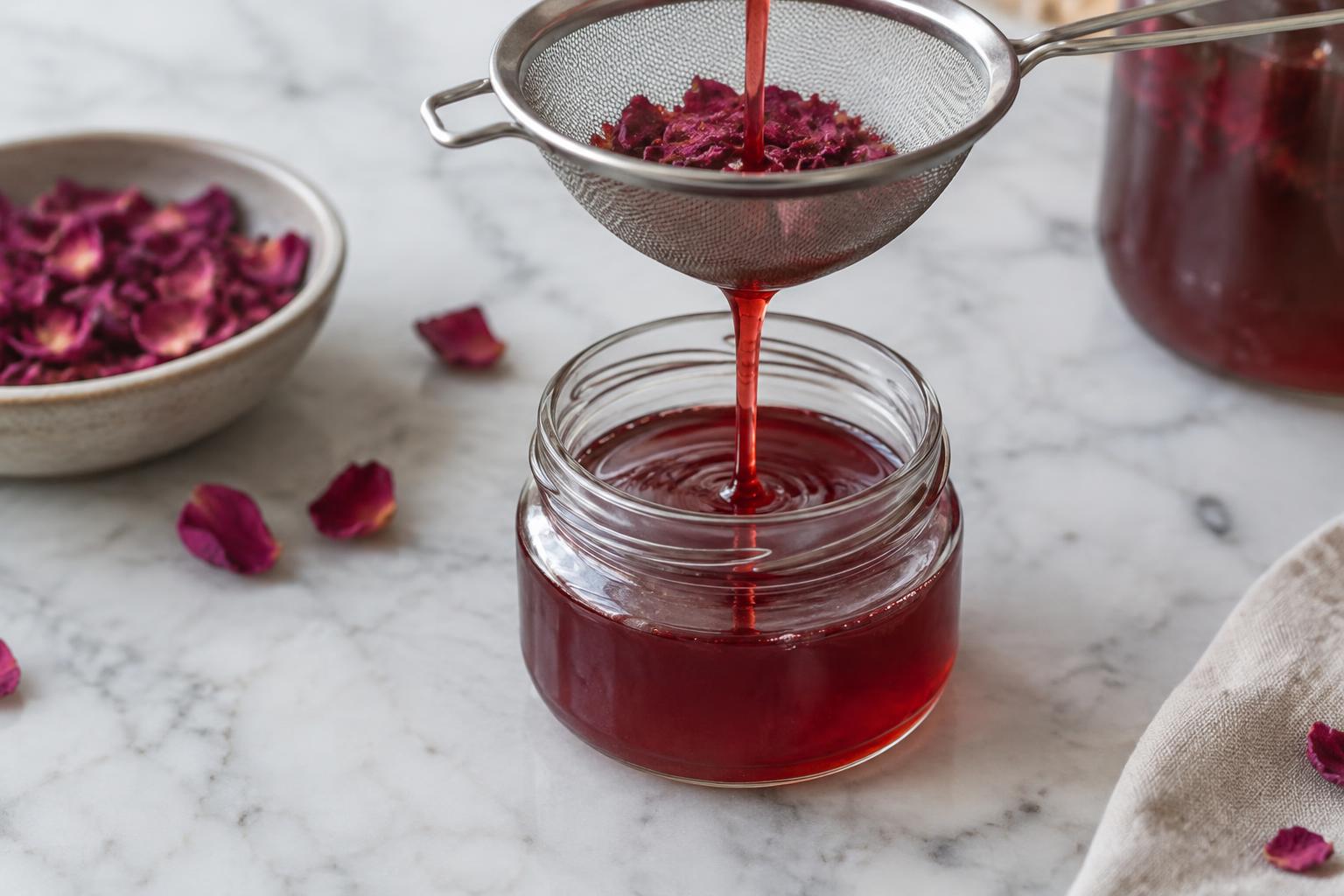 Deep red honey being strained into small jars