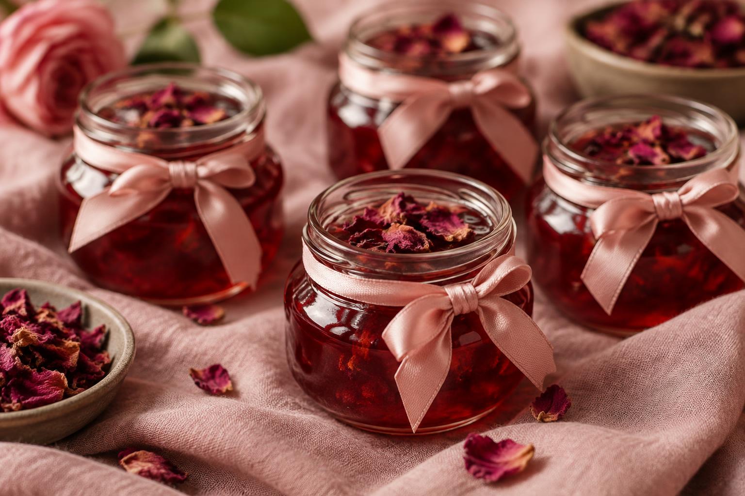 Small jars of red rose honey tied with blush silk ribbon