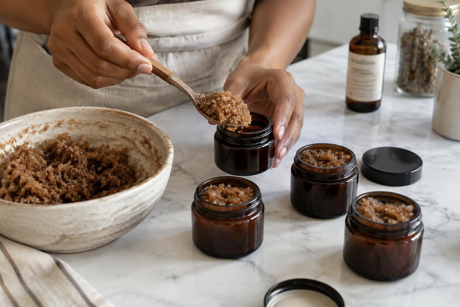 Hands spooning sugar scrub into small amber glass jars