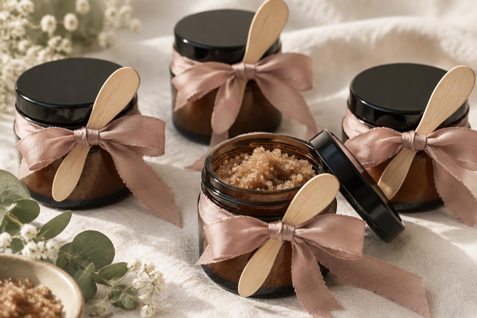 Finished amber jars of sugar scrub with ribbon and wooden spatula