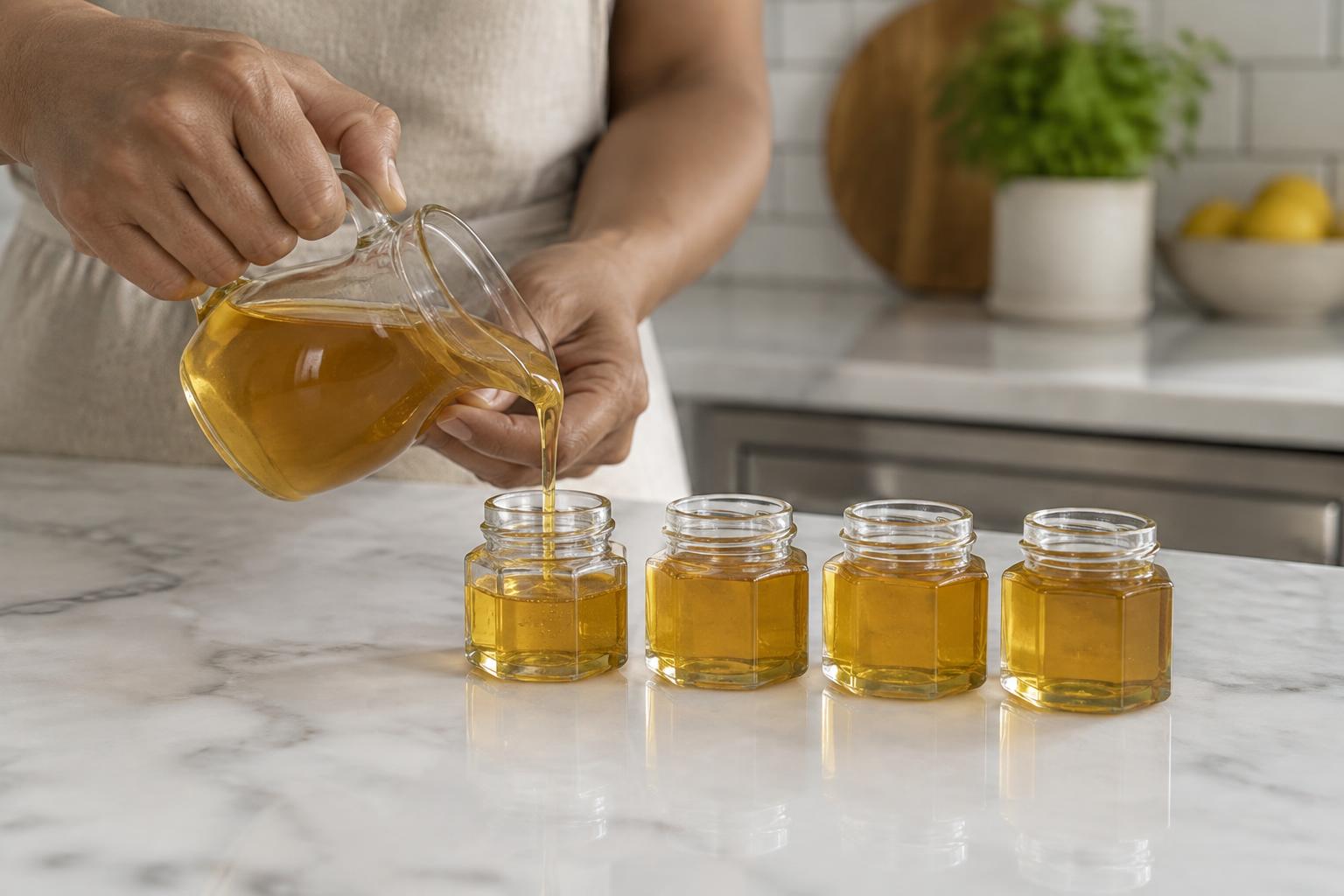 Hands filling a row of small hexagon jars with honey from a glass jug