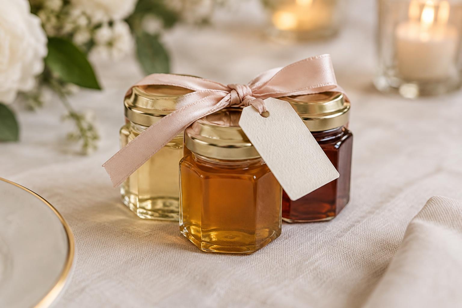 Finished trio of honey jars tied with silk ribbon and a handwritten tag
